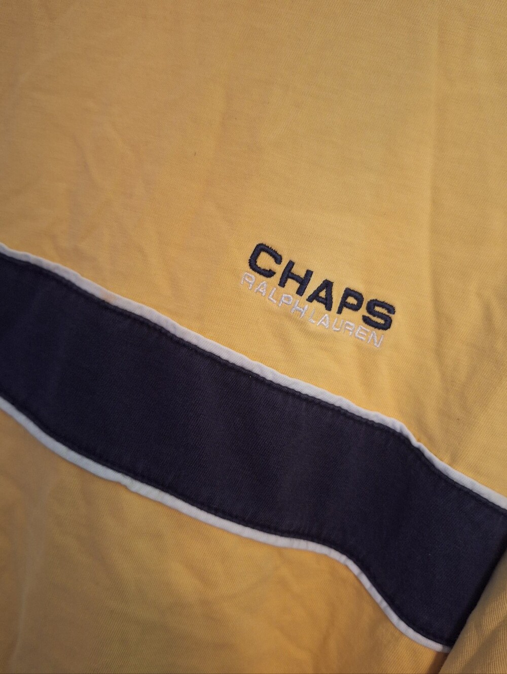 [[CHAPS RL]] Yellow Short-Sleeve Tee with Navy Chest Stripe - Picture 4 of 5